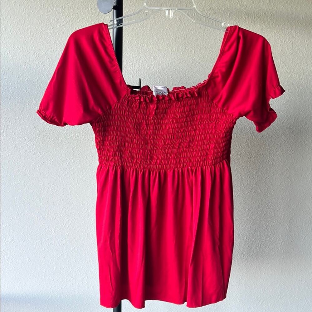 Just My Size Red Smocked Flutter Sleeve Blouse